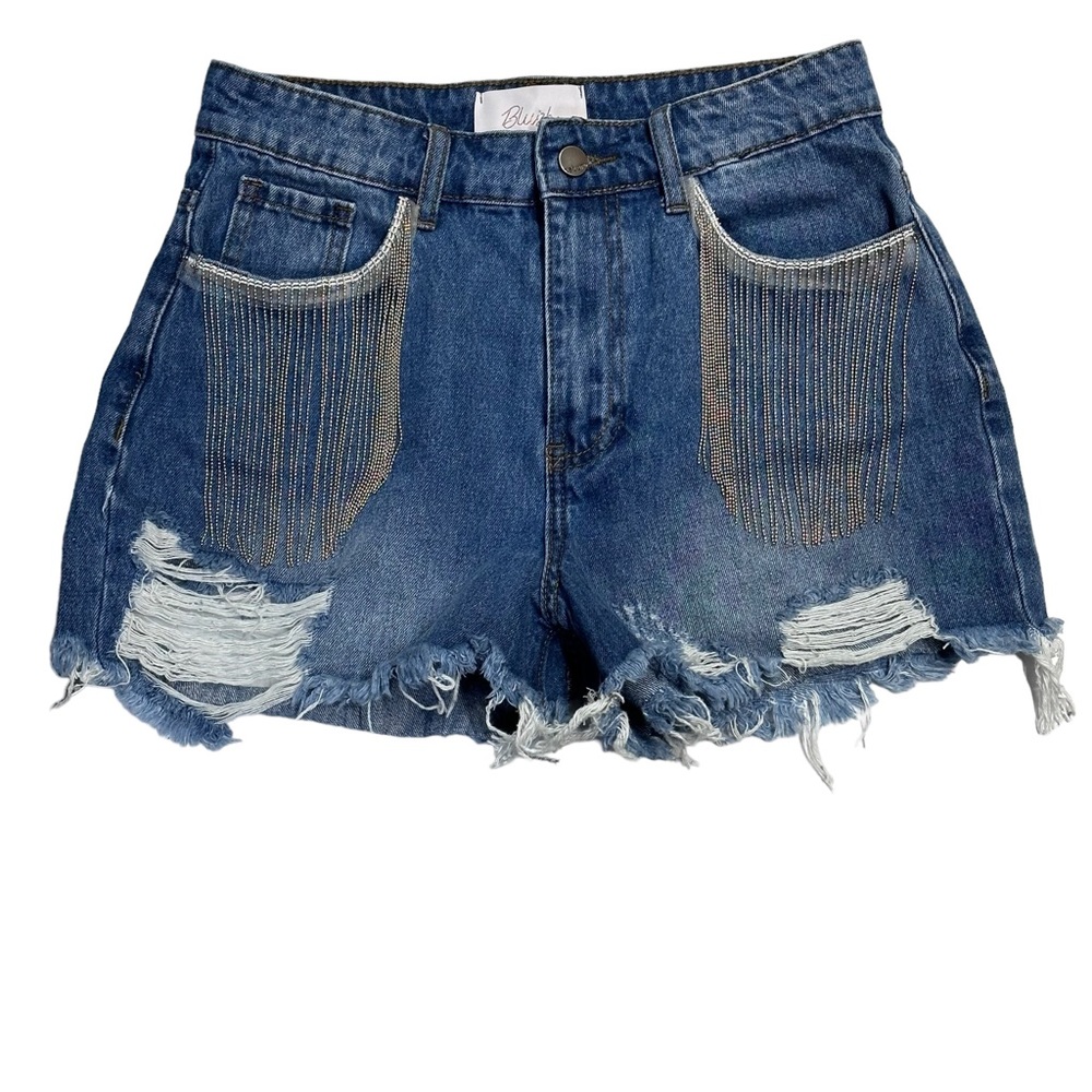 Blush Beaded Fringe Frayed Distressed Denim Shorts High Rise Size Medium/28